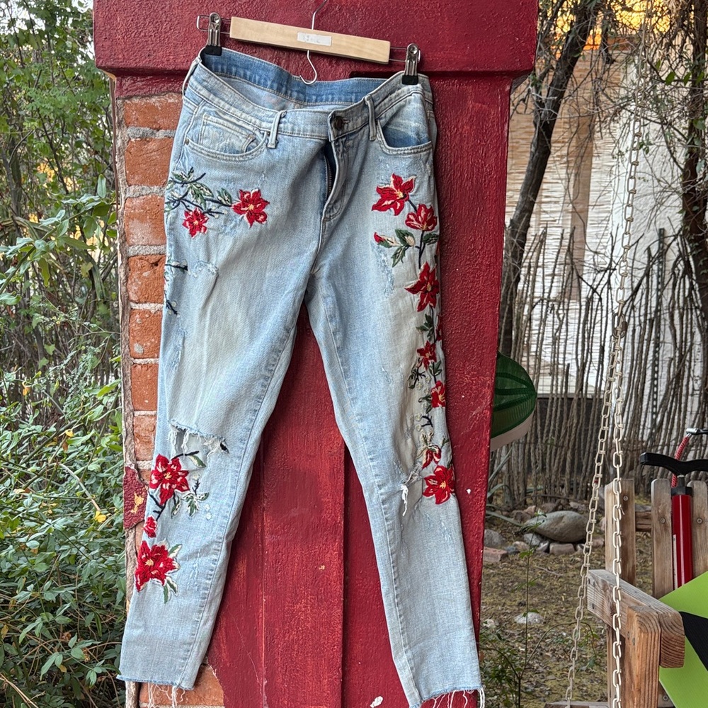 Topshop Light Blue Jeans with Red Floral Embroidery